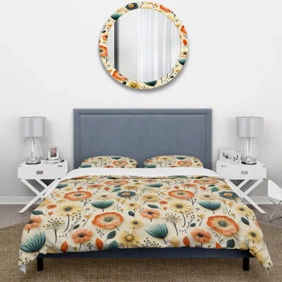 Design Art Vintage Mod Florals - Midcentury Duvet Cover Set - Microfiber Polyester In Beige;teal