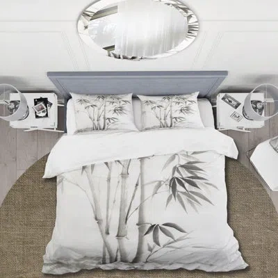 Design Art Vintage Monochrome Bamboo Ii - Traditional Duvet Cover Set - Microfiber Polyester In Gray,white