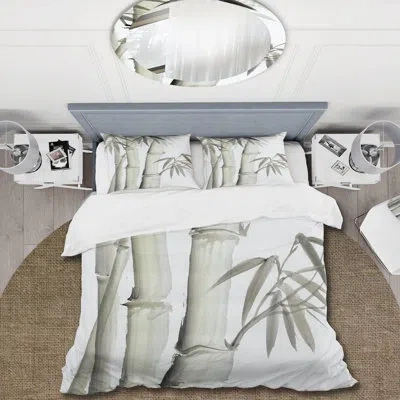 Design Art Vintage Monochrome Bamboo V - Lake House Duvet Cover Set - Microfiber Polyester In Light Gray