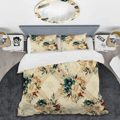 Design Art Vintage Neutrals Mosaic Flowers I Duvet Cover Set In Beige