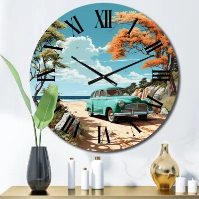 Design Art Vintage Oldtimer Classic Turquoise Car Beachside I Metal Wall Clock In Blue