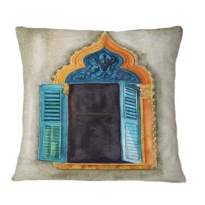 Design Art Vintage Ornate Window With Yellow - Vintage Printed Throw Pillow In Blue;brown