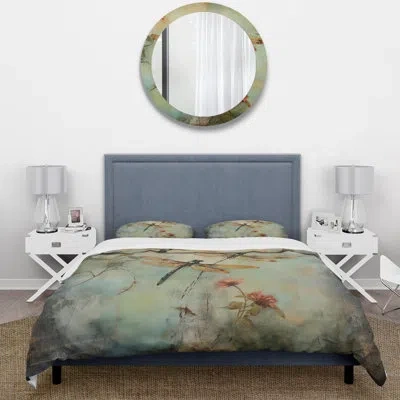 Design Art Vintage Painting Of Dragonfly Flying - Animals Duvet Cover Set - Microfiber Polyester In Blue;white