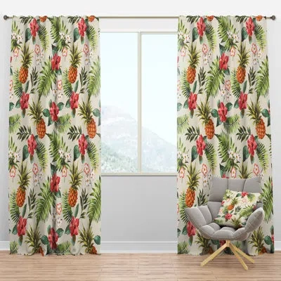 Design Art Vintage Pineapple With Tropical Flowers - Floral Curtain - Velvet Room Darkening - 1 Panel