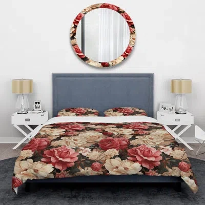 Design Art Vintage Pink And Beige Rose Floral Pattern - Floral Duvet Cover Set In Gray;beige;pink
