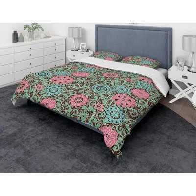 Design Art Vintage Pink And Blue Flowers - Vintage Floral Duvet Cover Set - Microfiber Polyester In Pink,blue
