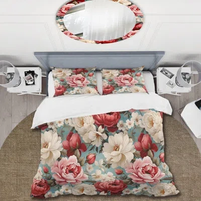 Design Art Vintage Pink And Blue Rose Floral Pattern - Floral Duvet Cover Set In White;pink