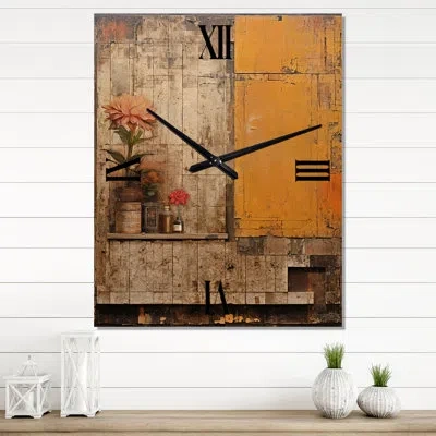Design Art Vintage Pink Flower Collage - Abstract Botanicals Vintage Wall Clock In Pink;gold