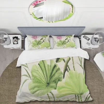 Design Art Vintage Pink Lotuses In The Pond V - Traditional Duvet Cover Set - Microfiber Polyester In Green