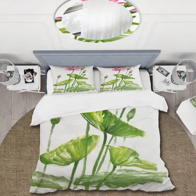 Design Art Vintage Pink Lotuses In The Pond Vii - Traditional Duvet Cover Set - Microfiber Polyester In Green,white