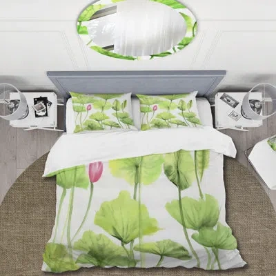 Design Art Vintage Pink Lotuses In The Pond Viii - Traditional Duvet Cover Set - Microfiber Polyester In Green,pink