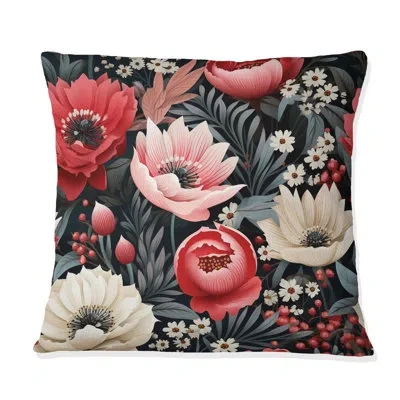 Design Art Vintage Pink Poppy Flourish Gardens - Floral Printed Throw Pillow In White;pink