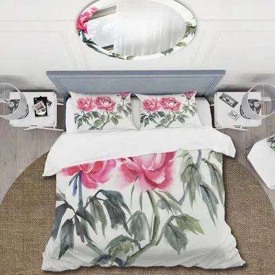 Design Art Vintage Purple Peonies Branch - Traditional Duvet Cover Set - Microfiber Polyester In Pink,green,gray