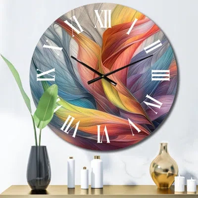 Design Art Vintage Rainbow Pastel Leaves Boho Watercolor I Metal Wall Clock In Multi-color
