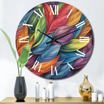 Design Art Vintage Rainbow Pastel Leaves Boho Watercolor Ii Metal Wall Clock In Multi-color