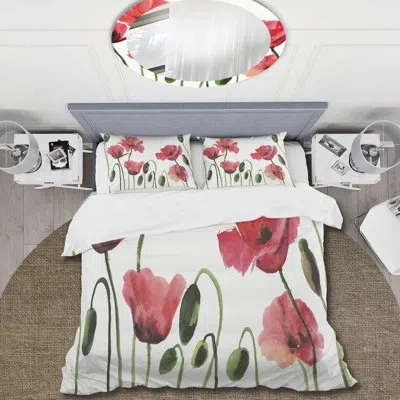 Design Art Vintage Red Blooming Poppies - Traditional Duvet Cover Set - Microfiber Polyester