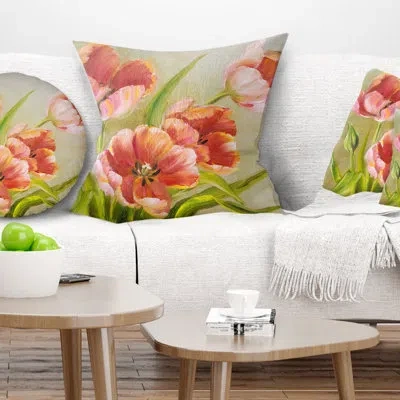 Design Art Vintage Red Tulips - Floral Printed Throw Pillow In Green;red