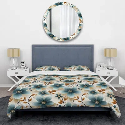 Design Art Vintage Romance Teal Marvel Blooms - Floral Duvet Cover Set In Blue;brown;white