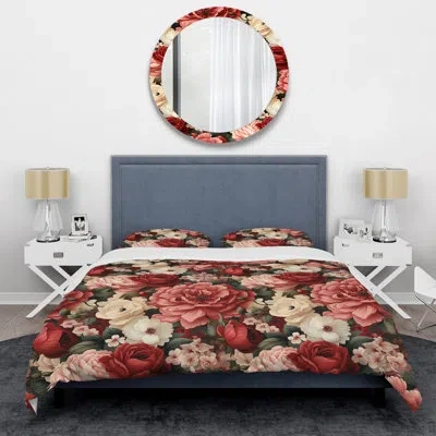 Design Art Vintage Rose Floral Pattern Iv - Floral Duvet Cover Set - Microfiber Polyester In White;pink
