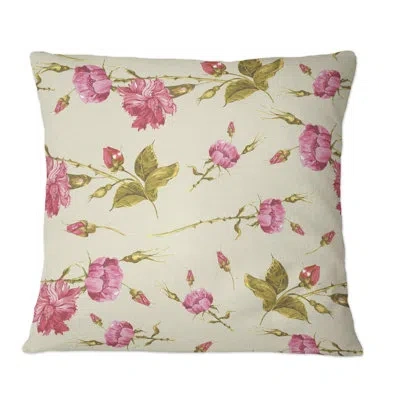Design Art Vintage Roses And Wild Flowers Onbeige - Patterned Printed Throw Pillow In Pink