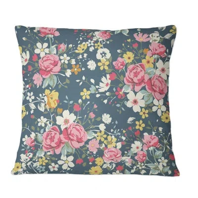 Design Art Vintage Roses And Yellow On Navy - Vintage Printed Throw Pillow In White;pink