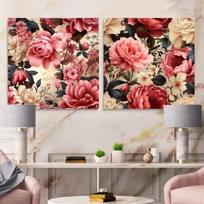 Design Art Vintage Roses Grace Victorian Pattern I - Floral Acrylic Wall Art Glass Set Of 2 In Multicolor