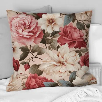 Design Art Vintage Roses Grace Victorian Pattern Ii - Floral Printed Throw Pillow In Beige;pink