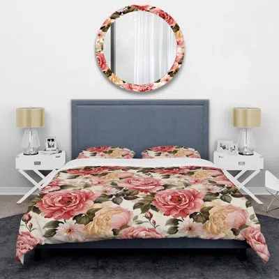 Design Art Vintage Roses Grace Victorian Pattern V Duvet Cover Set In Green;beige;pink