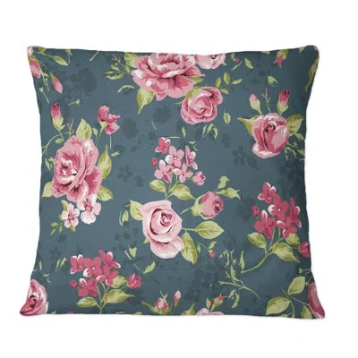 Design Art Vintage Roses On Dark Blue I - Patterned Printed Throw Pillow In Red