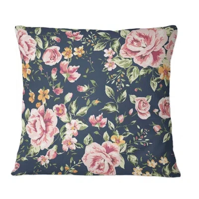 Design Art Vintage Roses On Dark Blue Ii - Patterned Printed Throw Pillow In Black;pink