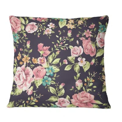 Design Art Vintage Roses On Dark Blue - Patterned Printed Throw Pillow In Red