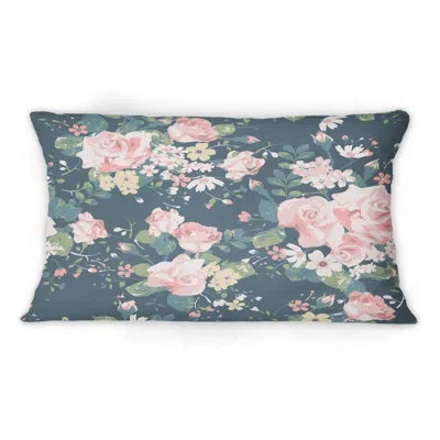 Design Art Vintage Roses On Navy -1 Patterned Printed Throw Pillow