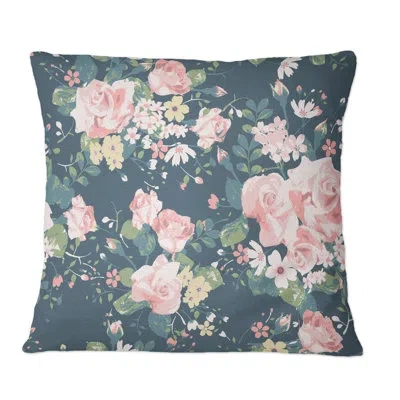 Design Art Vintage Roses On Navy - Patterned Printed Throw Pillow In Pink;pink