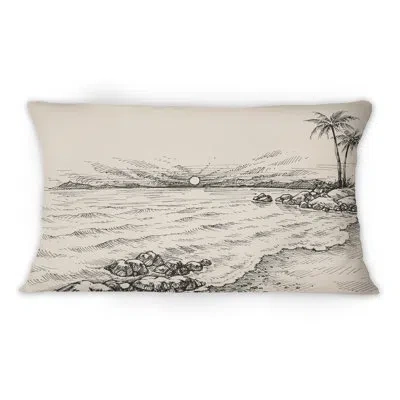 Design Art Vintage Sea View And Palm Trees On Shore -1 Nautical & Coastal Printed Throw Pillow