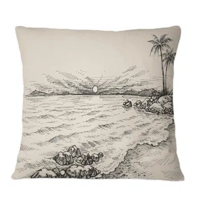 Design Art Vintage Sea View And Palm Trees On Shore - Nautical & Coastal Printed Throw Pillow In Black;white
