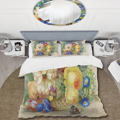Design Art Vintage Still Life Of Yellow And White Flowers - Traditional Duvet Cover Set - Microfiber Polyester In Yellow,blue,green