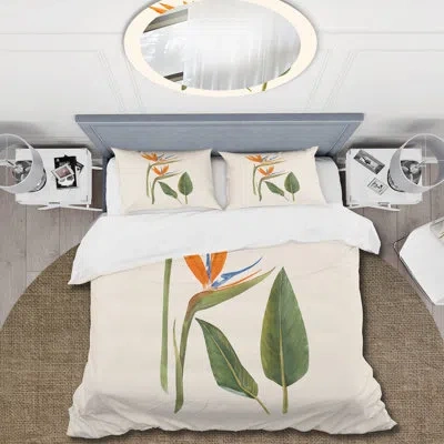 Design Art Vintage Strelitzia Flowers - Traditional Duvet Cover Set - Microfiber Polyester In Green,white