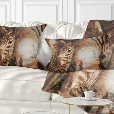 Design Art Vintage Style African Zebra - Animal Printed Throw Pillow In Brown