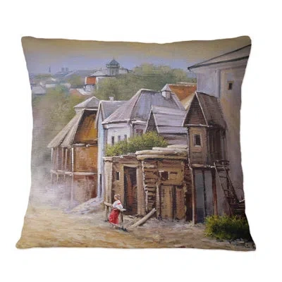 Design Art Vintage View Of Old Europe City I - Vintage Printed Throw Pillow In Brown