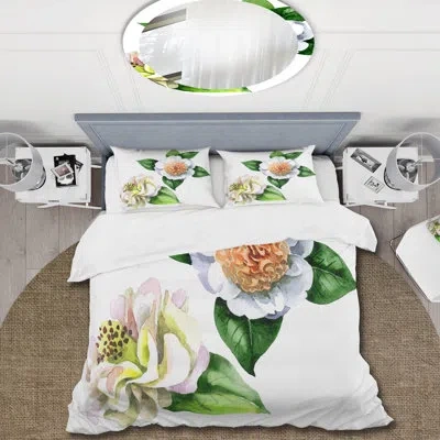 Design Art Vintage White Camellia Flowers With Green Leaves - Traditional Polyester Duvet Cover Set