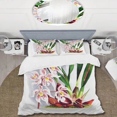 Design Art Vintage White Orchid Flower Ii - Traditional Duvet Cover Set - Microfiber Polyester In Green;red