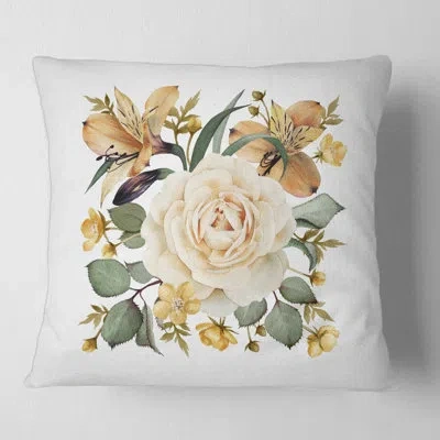 Design Art Vintage White Rose - Traditional Printed Throw Pillow In White;beige