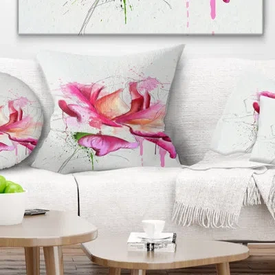 Design Art Violet Watercolor Rose Sketch - Floral Printed Throw Pillow In Pink
