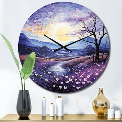 Design Art Violets Field Pointillism Dot I Metal Wall Clock In Purple