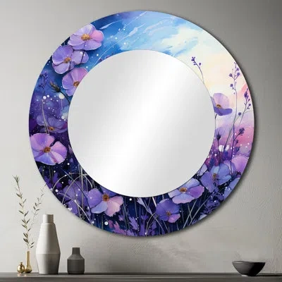Design Art Violets Field Pointillism Dot Iii - Violets Unique Wall Mirror, Purple Round Mirror, Printed Metal A