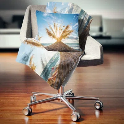 Design Art Vivid Sunrise On Sandy Beach - Sea & Shore Printed Pillow In Blue;orange