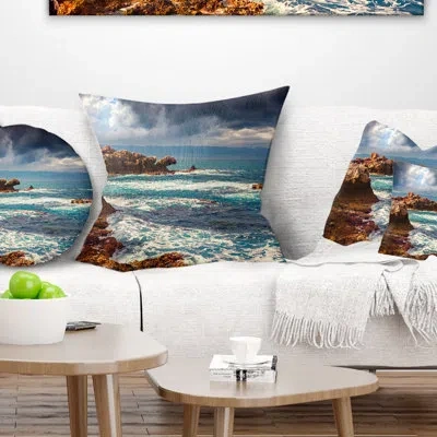 Design Art Volcanic Beach Stormy Weather - Sea & Shore Printed Pillow In Blue