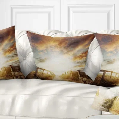 Design Art Walkway Leading To Beach Scene - Pier & Bridge Printed Throw Pillow In Blue;black;brown;green;red;yellow