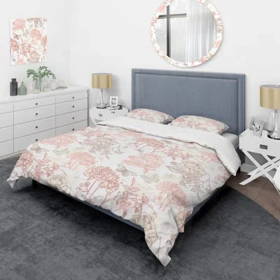 Design Art Wallpaper Roses - Floral Duvet Cover Set - Microfiber Polyester In Pink,ivory