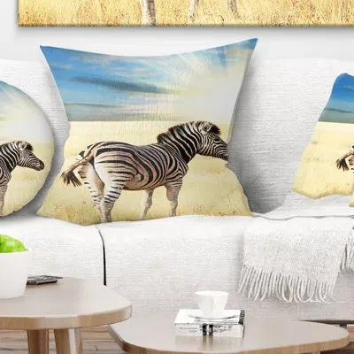 Design Art Wandering Zebra At Bright Sunrise - Animal Printed Pillow In Blue;yellow